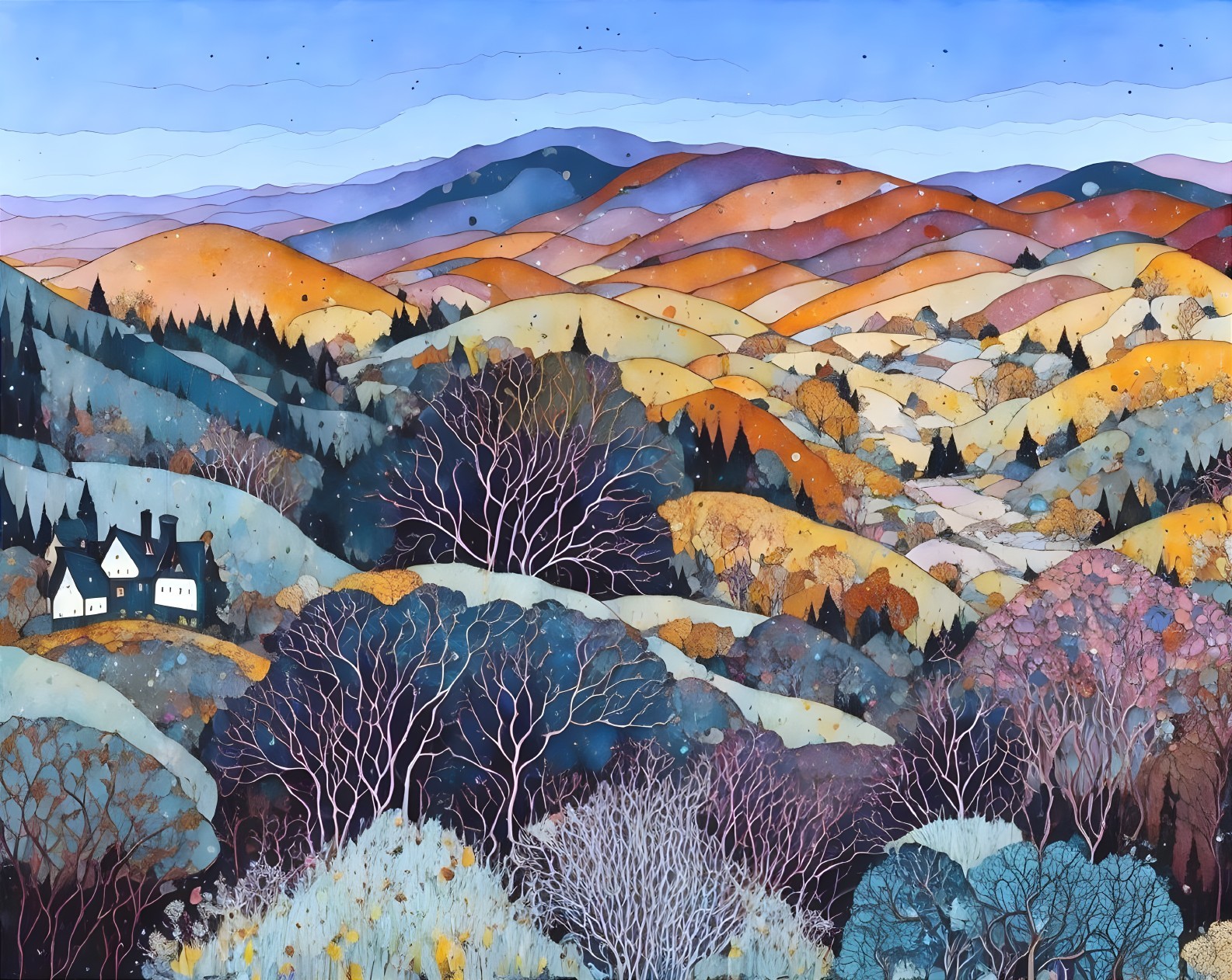 Colorful Autumn Landscape with Rolling Hills and Trees