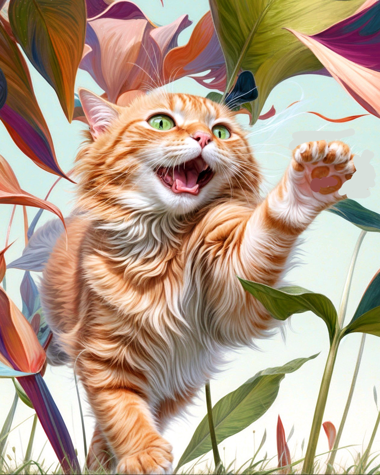 Orange Tabby Cat Leaping in a Colorful Garden
