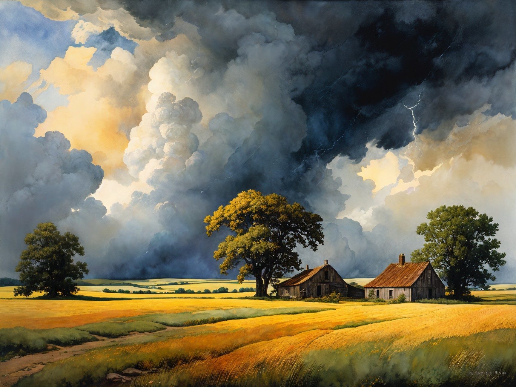 Rustic Cottages Amidst Dramatic Landscape and Clouds