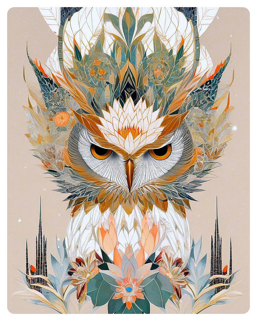 Stylized Owl Illustration with Vibrant Colors and Patterns