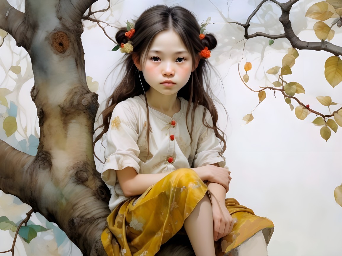 Young girl on tree branch with floral accents