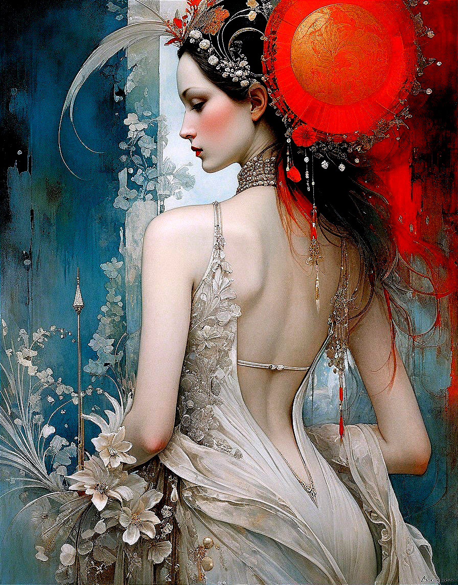 Elegant Woman in Flowing Gown with Floral Hairpiece