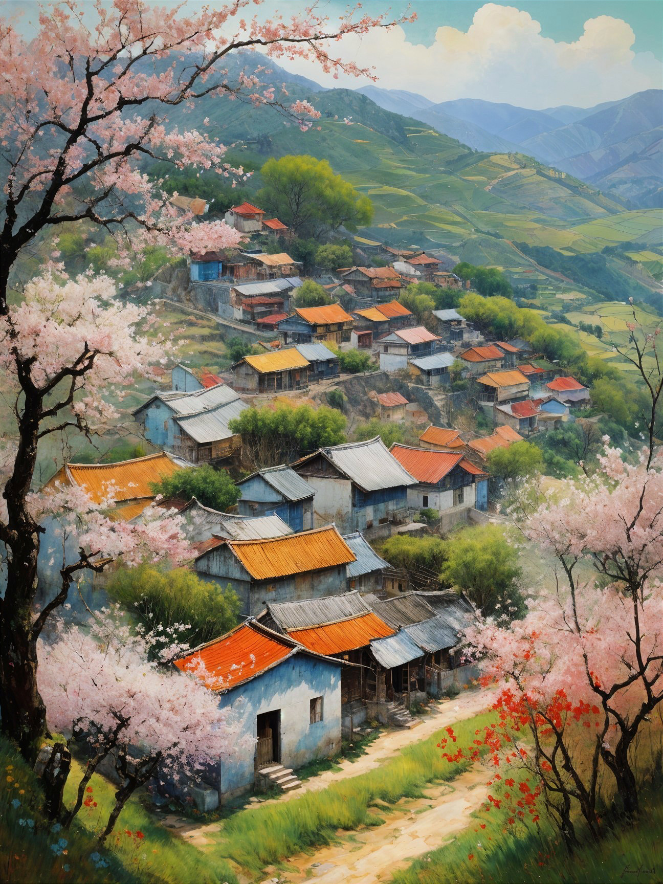 Charming Village Landscape with Cherry Blossoms and Hills