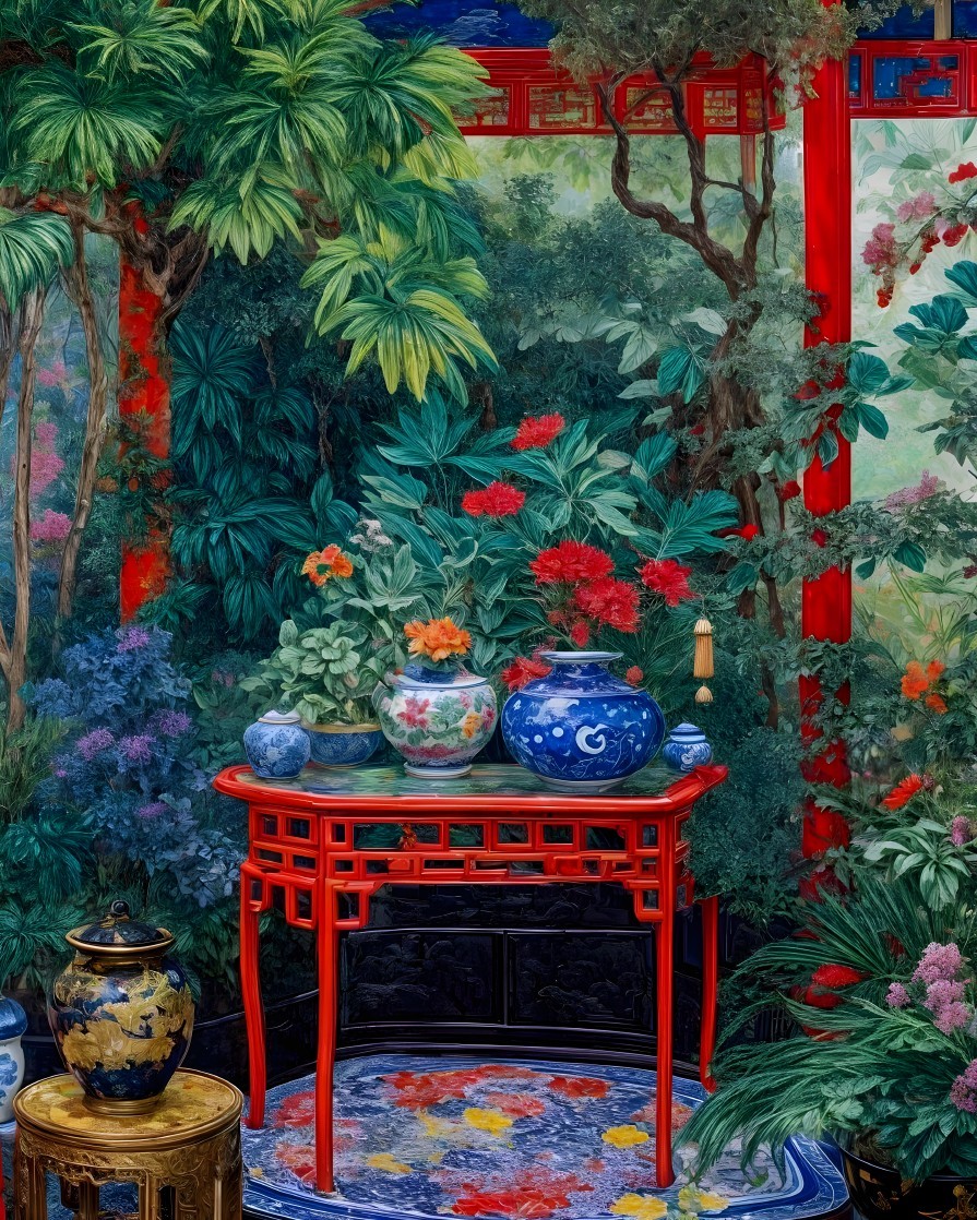 Vibrant Garden Scene with Colorful Plants and Vases