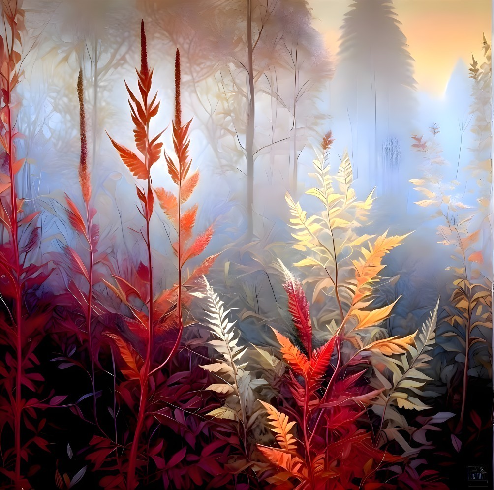 Serene Landscape with Mist and Vibrant Foliage