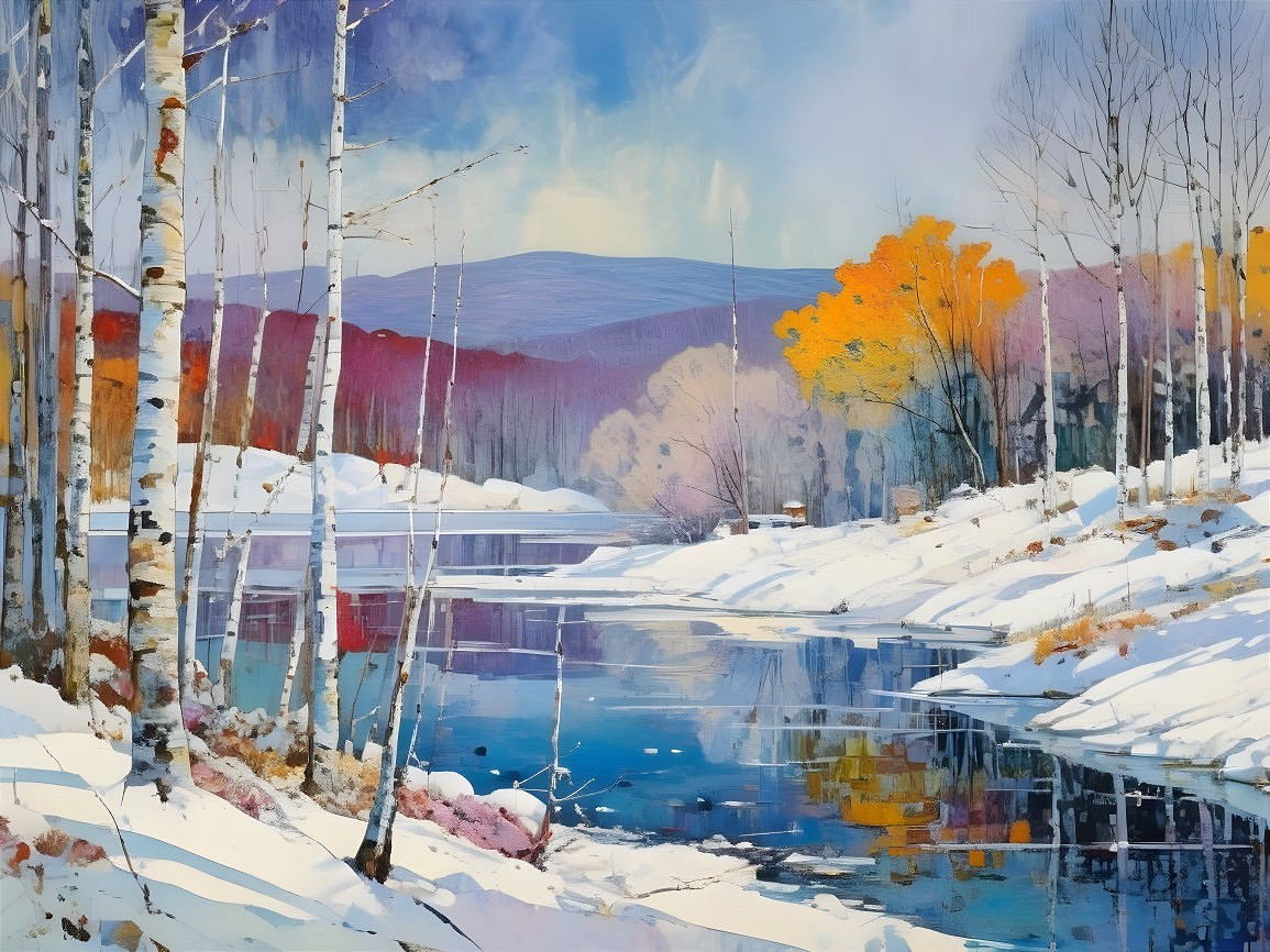 Winter Landscape with River and Autumn Trees