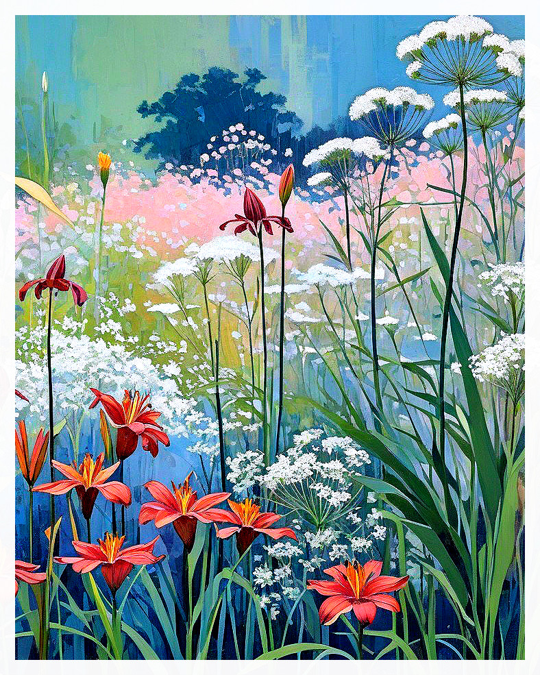 Vibrant Garden Scene with Blooming Flowers and Lush Greenery