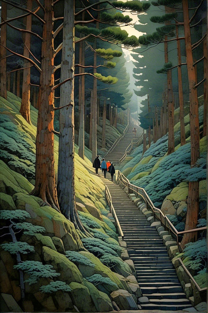 Tranquil Forest Scene with Winding Staircase and Figures