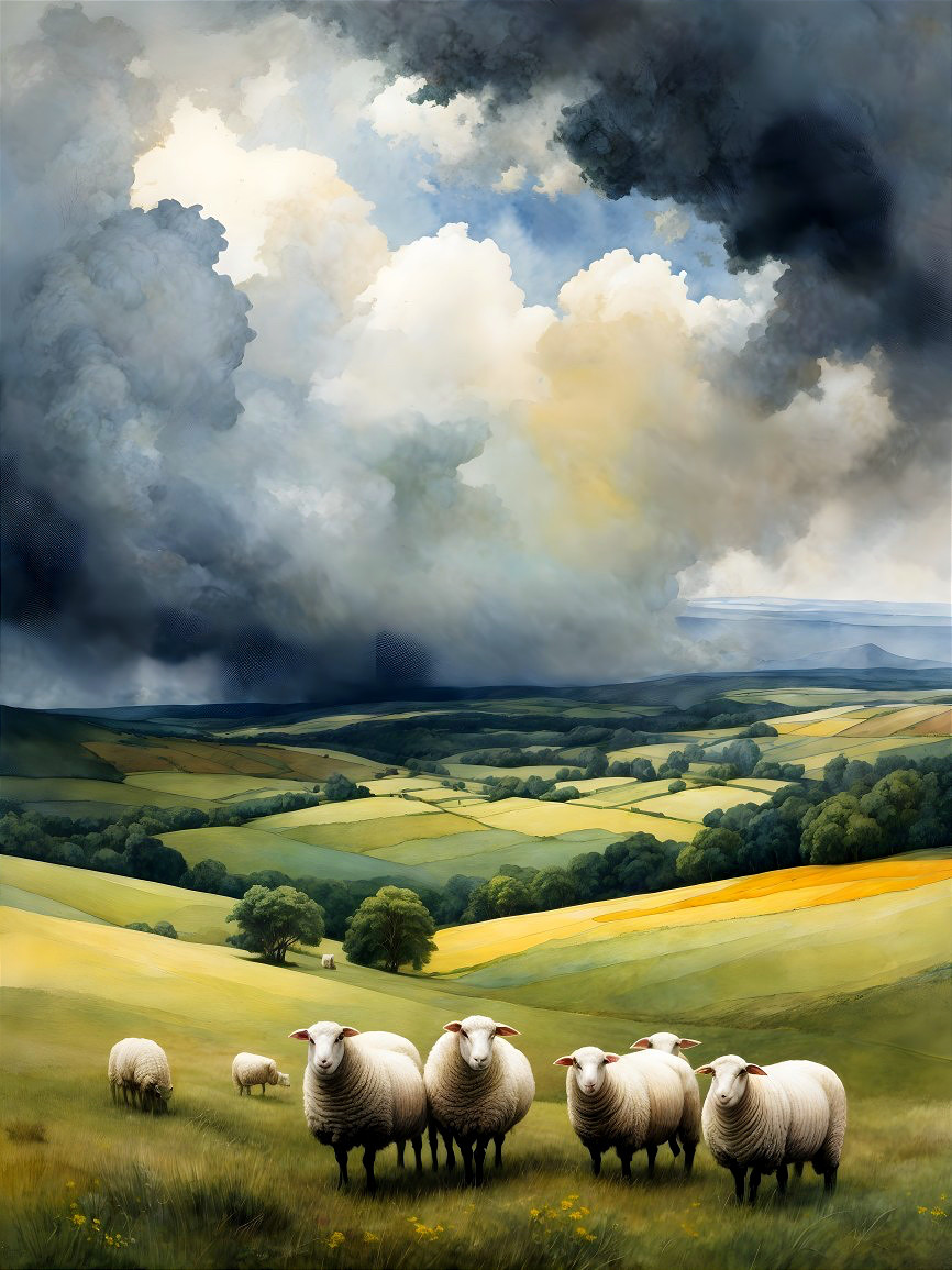 Serene Landscape with Rolling Hills and Grazing Sheep