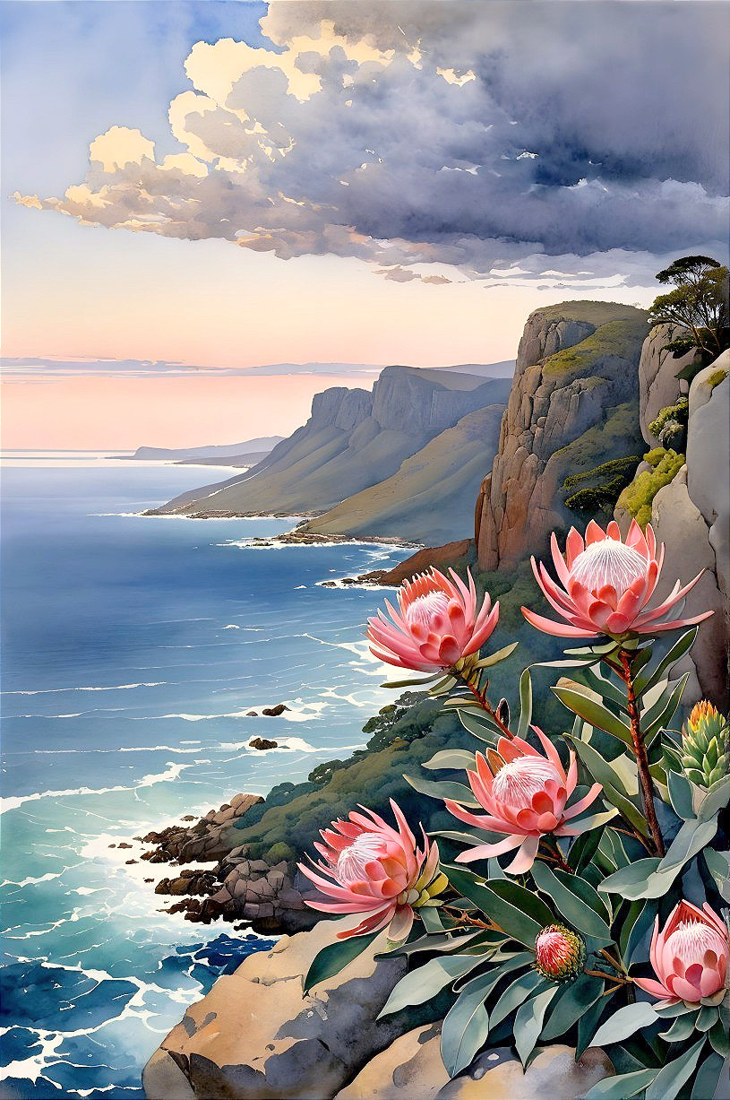 Coastal Landscape with Cliffs, Sea, and Protea Flowers