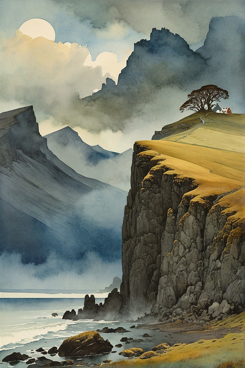 Dramatic Misty Mountains and Serene Ocean View