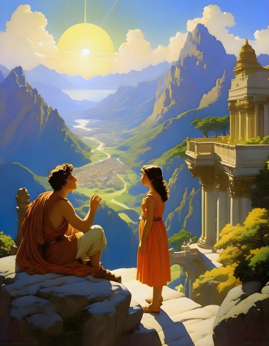 Serene Landscape with Mountains, River, and Ruins