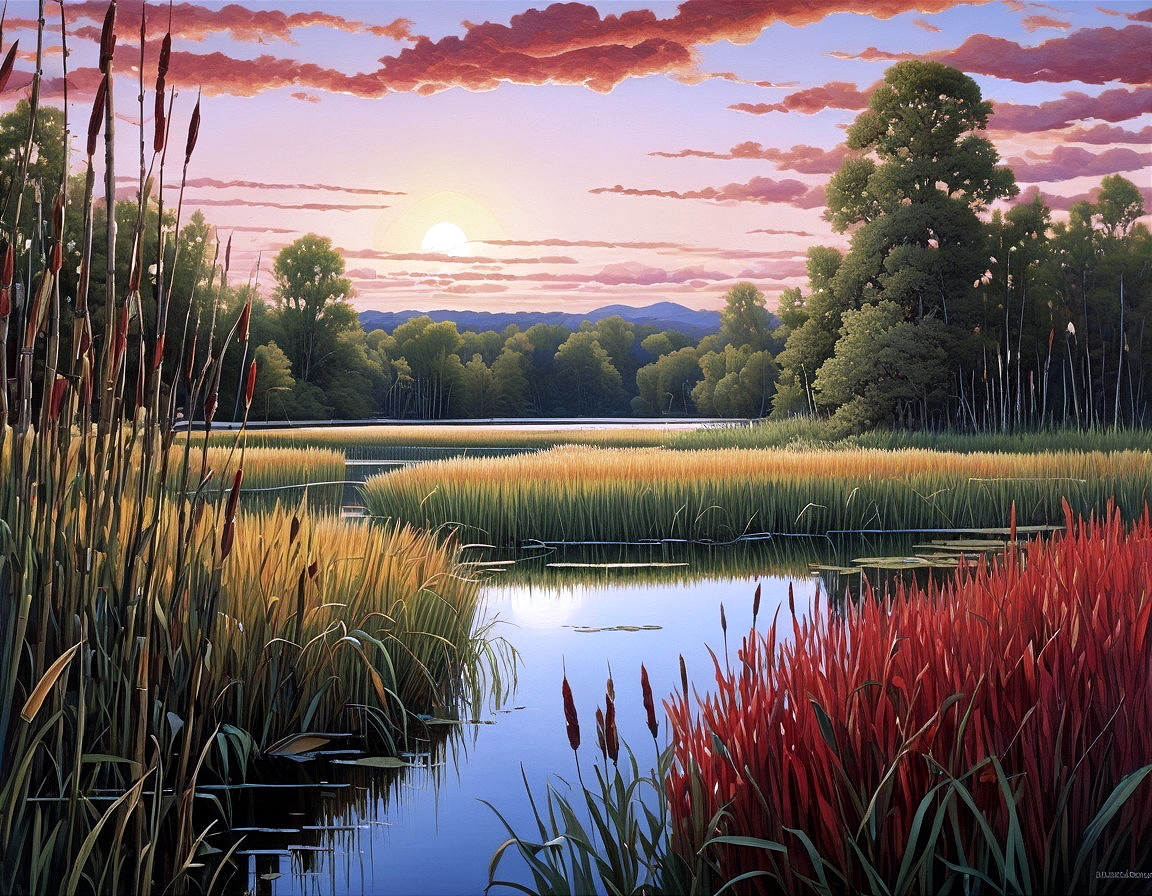Tranquil Wetland at Sunrise with Vibrant Reeds