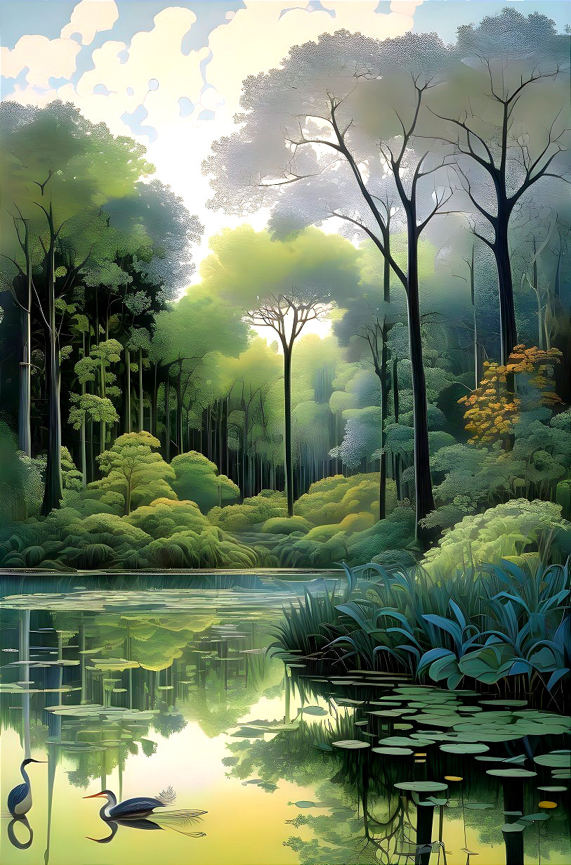 Tranquil Forest Scene with Serene Pond and Wildlife