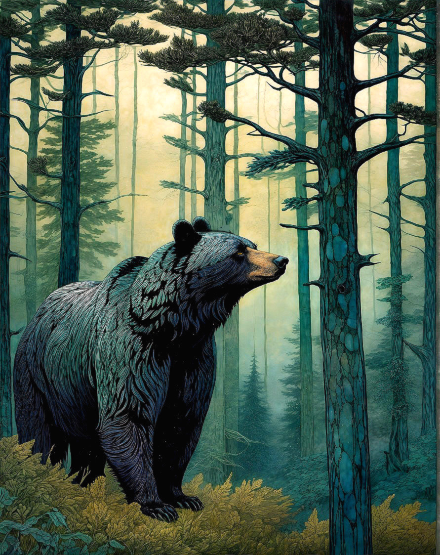 Majestic bear in a lush forest with misty backdrop