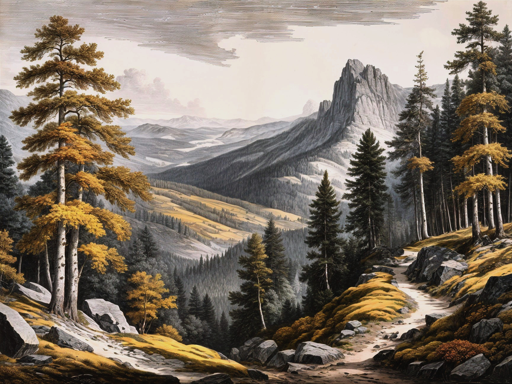 Serene Mountain Landscape with Autumn Foliage and Cliffs