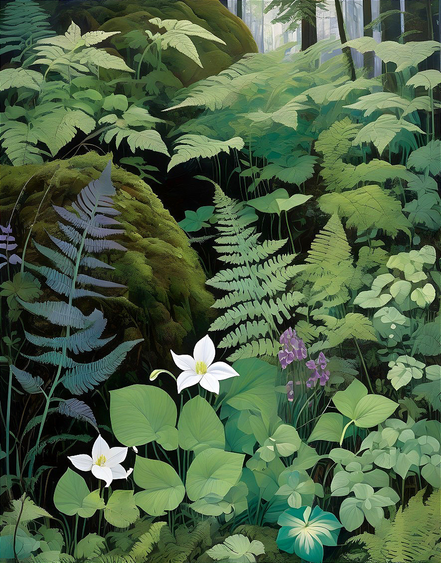 Lush Forest Scene with Colorful Flora and Soft Light