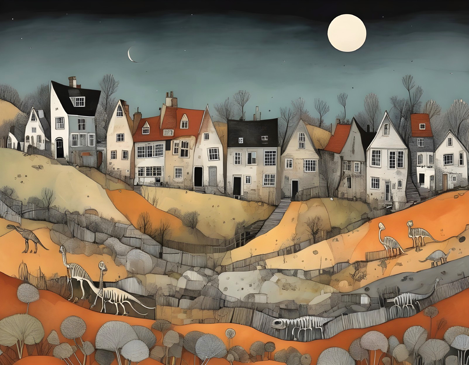 Whimsical Village with Charming Houses Under Moonlight