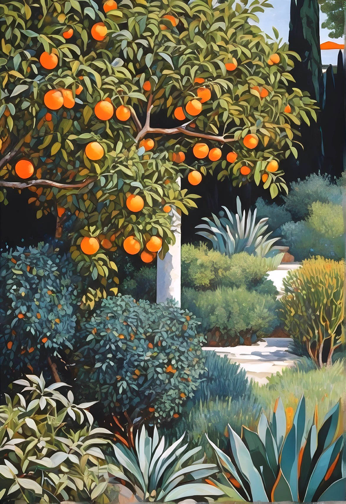 Colorful painting: lush garden with orange tree, green plants, and path.