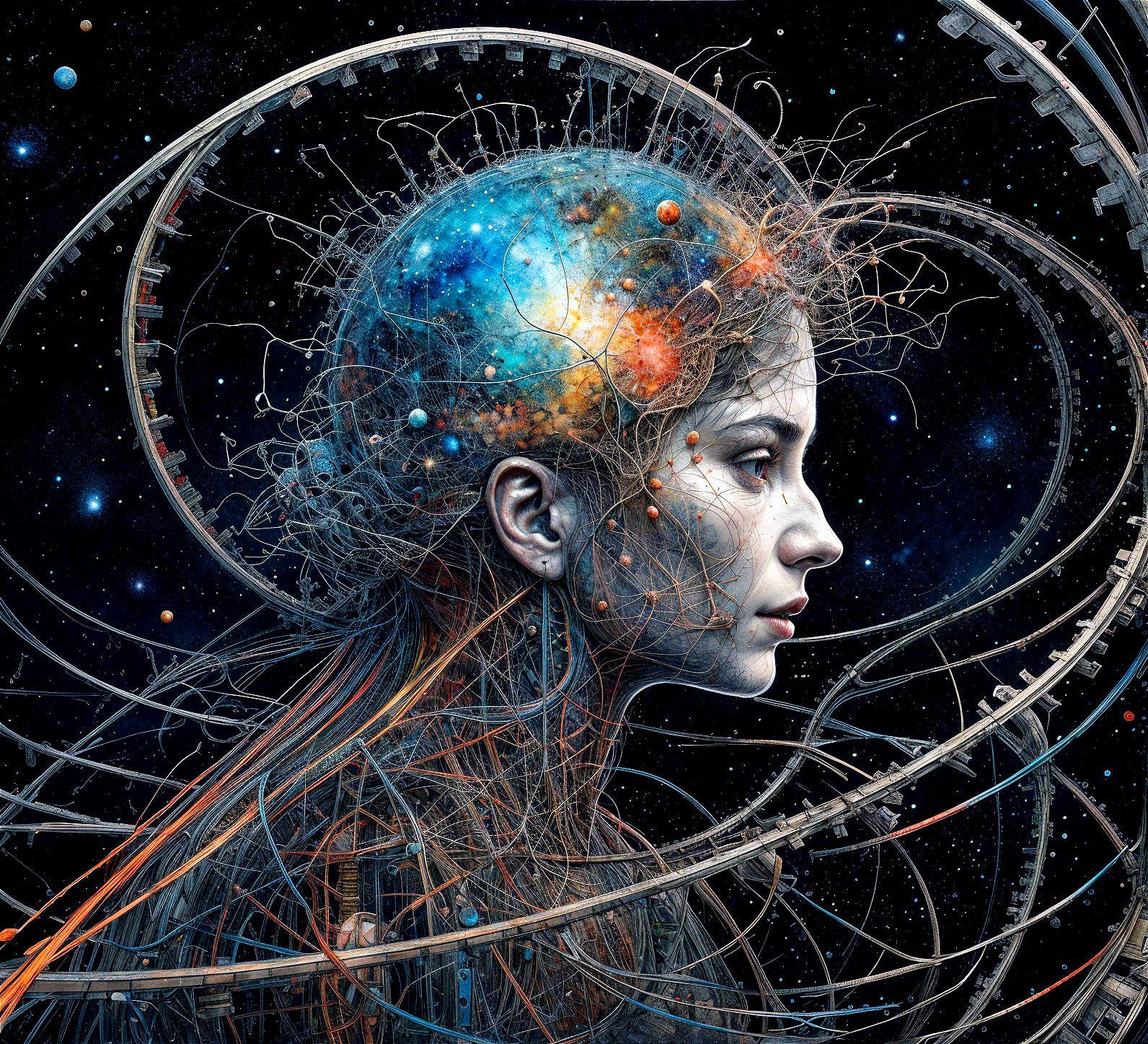 Surreal Portrait of Woman Merging with Cosmic Landscape