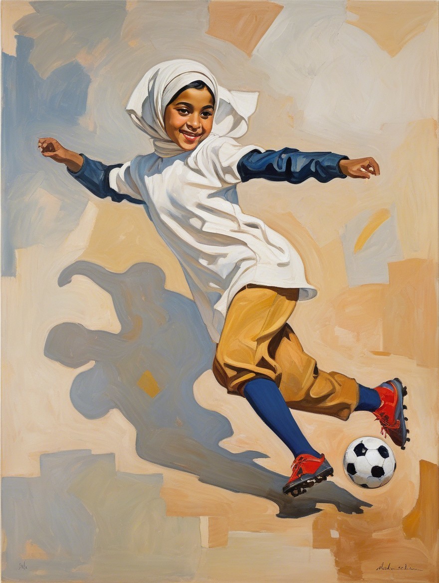 Girl in white hijab playing soccer in vibrant attire