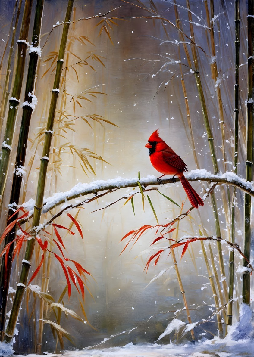 Red Cardinal on Snowy Branch in Winter Scene