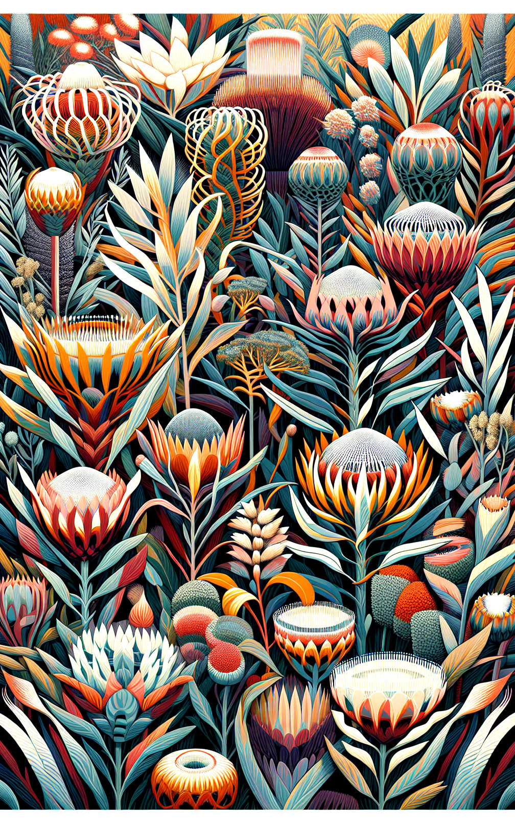 Vibrant Floral and Foliage Composition with Patterns
