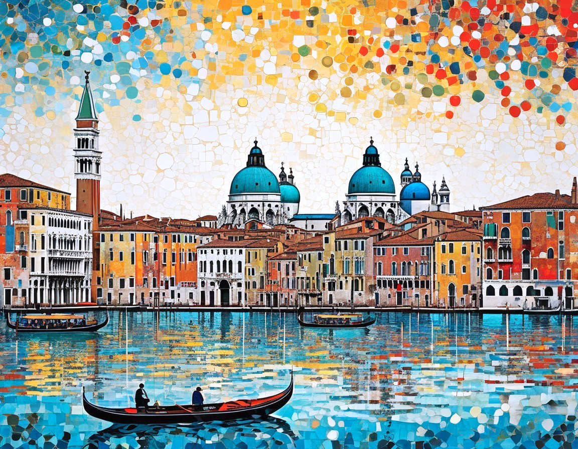 Mosaic Art of Gondolas on Venice's Grand Canal