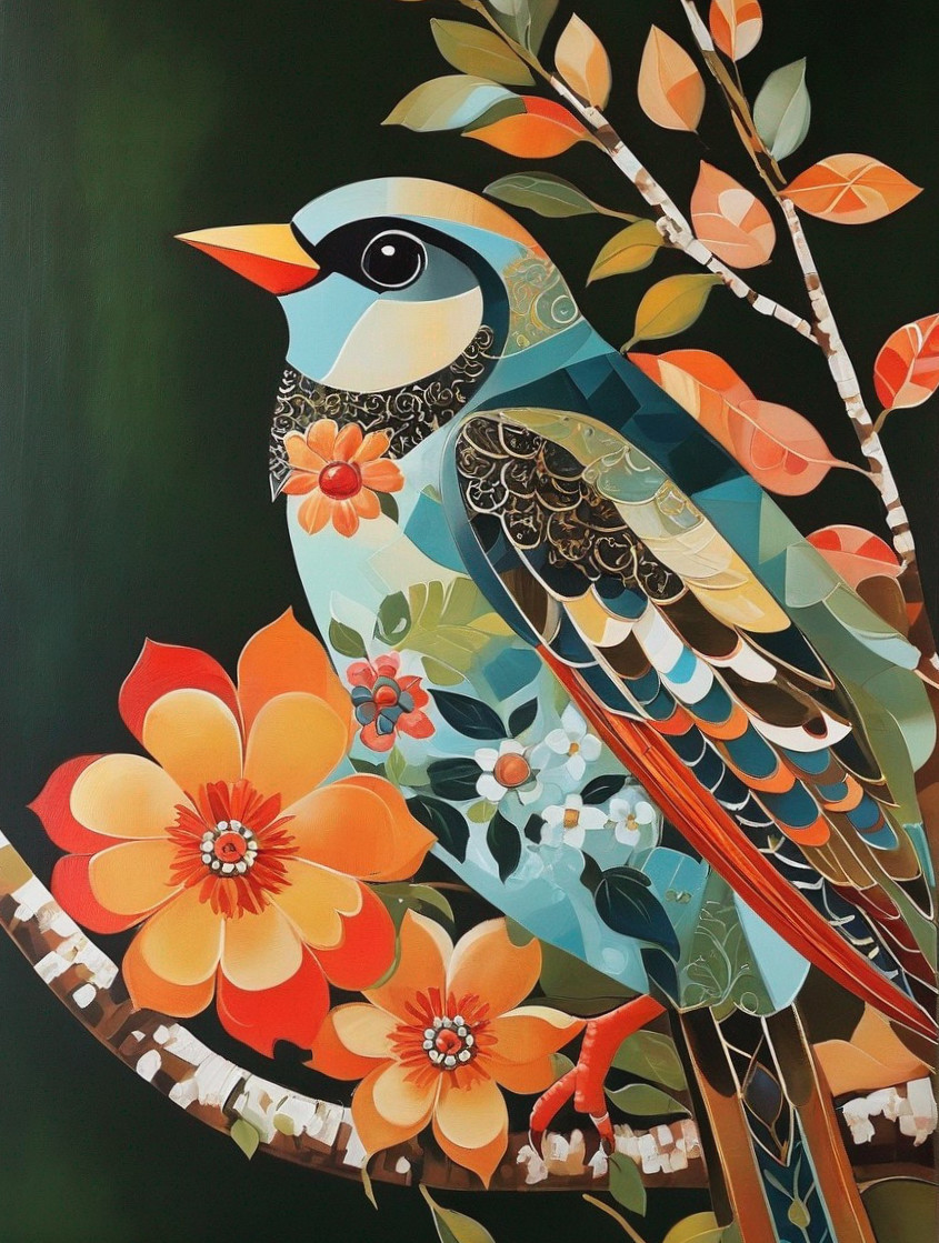 Vibrant Bird on Colorful Floral Branch Background