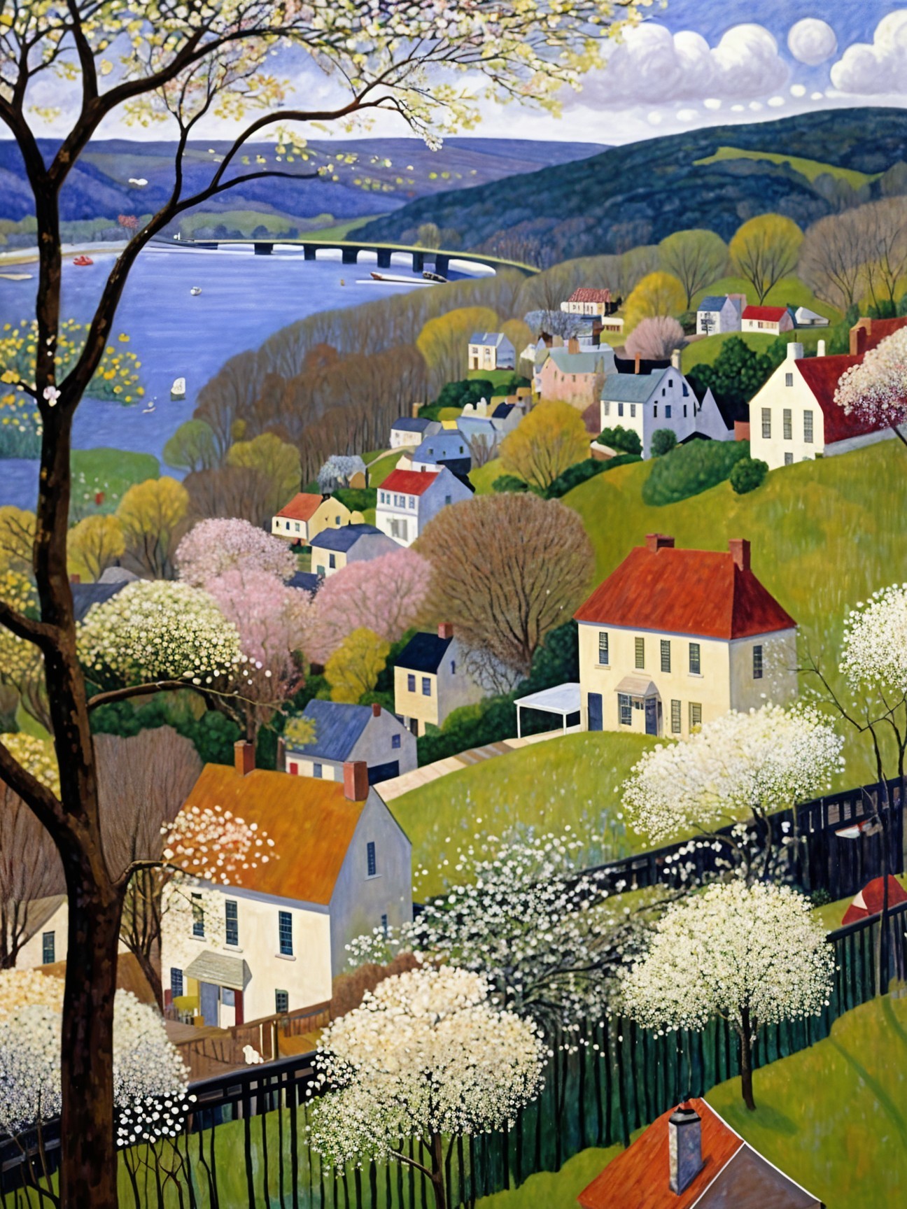 Vibrant Landscape of a Serene Village by a River