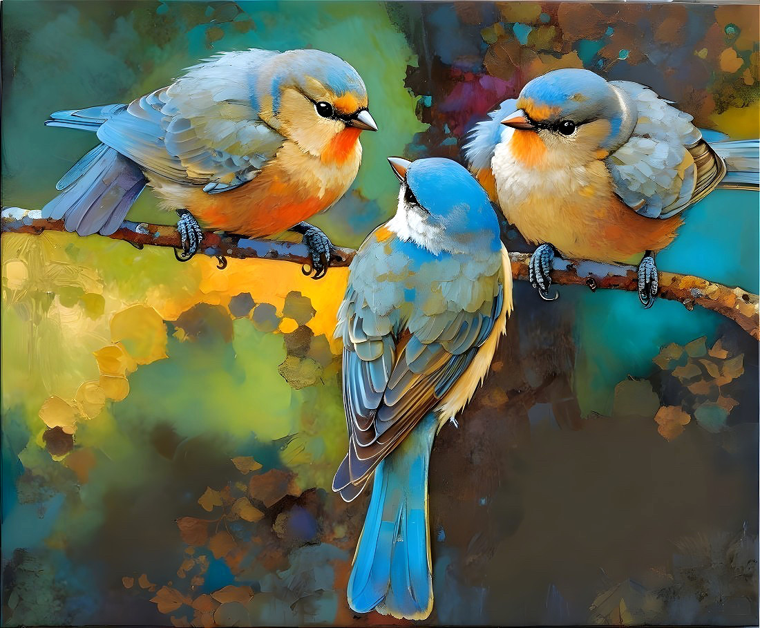 Vibrant Birds on Branch with Colorful Background