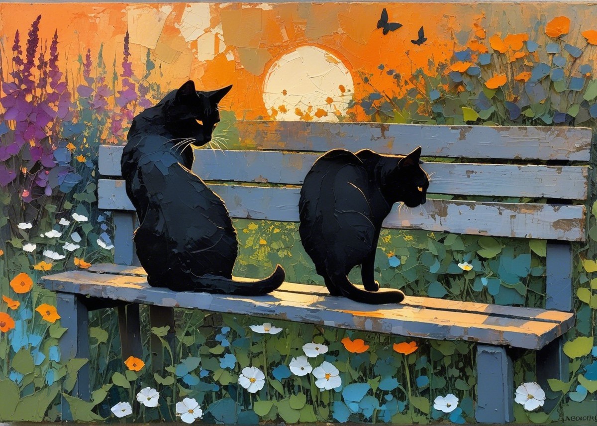 Black Cats on a Bench at Vibrant Sunset with Flowers