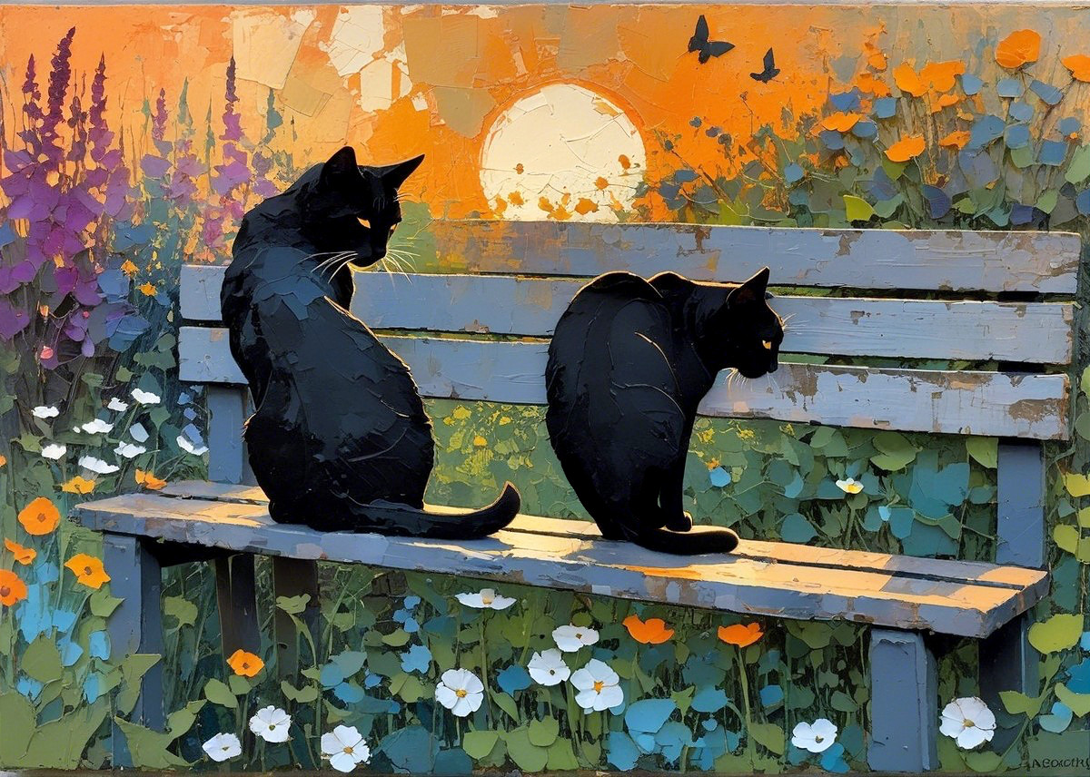 Black Cats on a Bench at Vibrant Sunset with Flowers