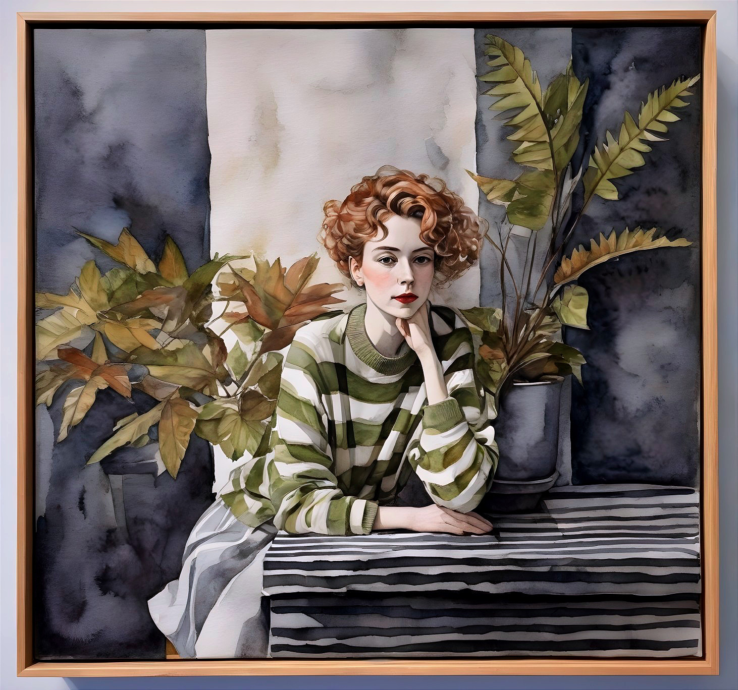 Portrait of a woman with curly red hair and plants
