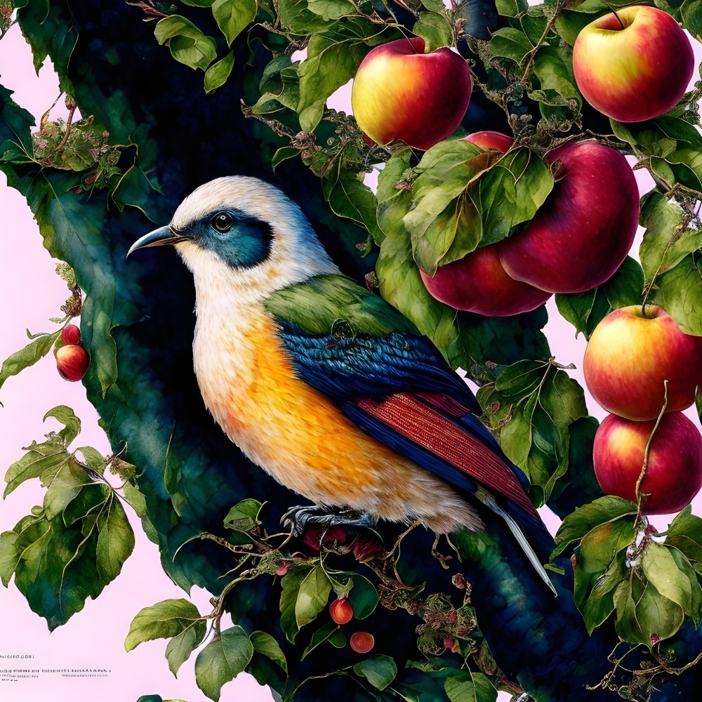 Colorful Bird on Branch with Red Apples and Foliage