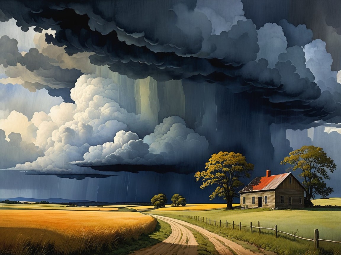 Solitary House in Wheat Fields Under Dramatic Clouds