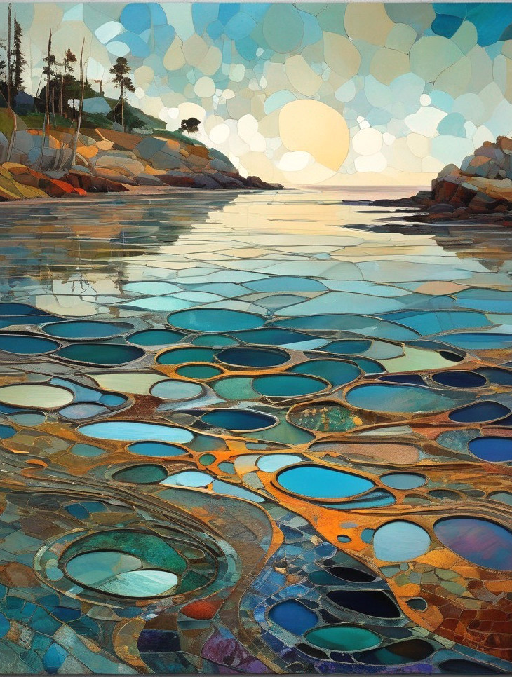 Serene Seascape with Vibrant Circular Patterns