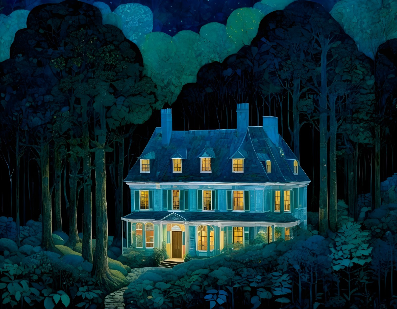 Illuminated House in a Serene Forest at Night