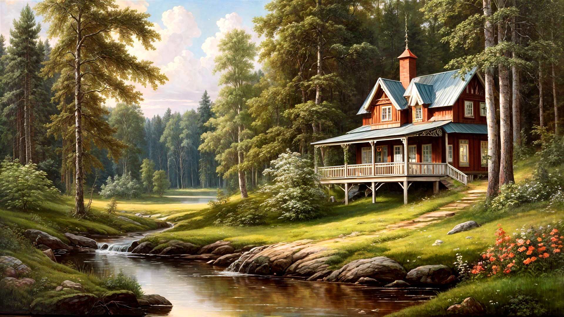 Picturesque Cabin by Serene Stream in Lush Greenery