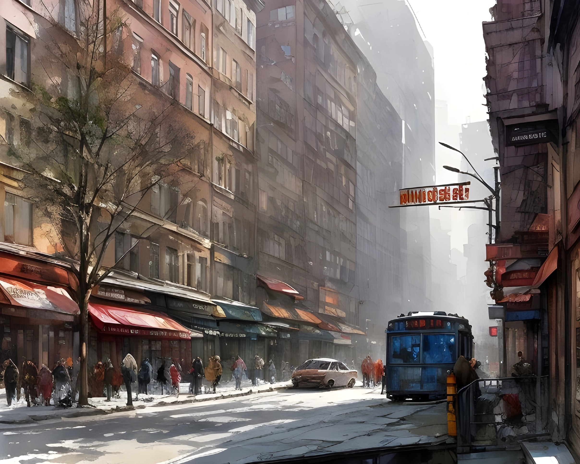 Urban Street Scene with Colorful Shops and Tram