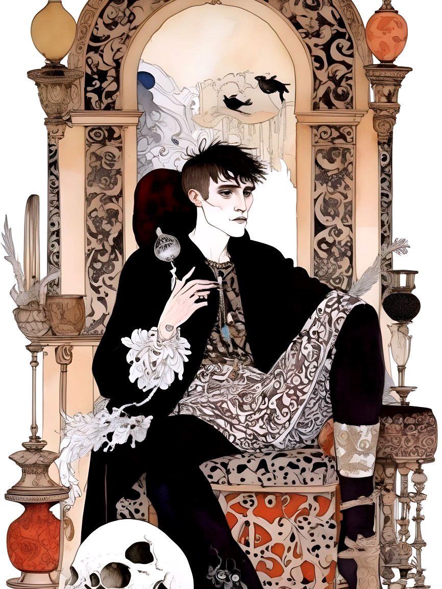 Gothic Figure on Ornate Throne with Ethereal Background