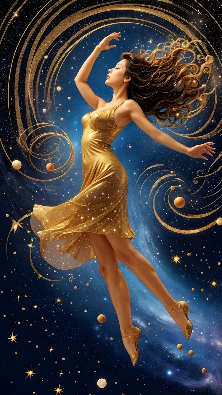 Woman in gold dress dances in cosmic backdrop