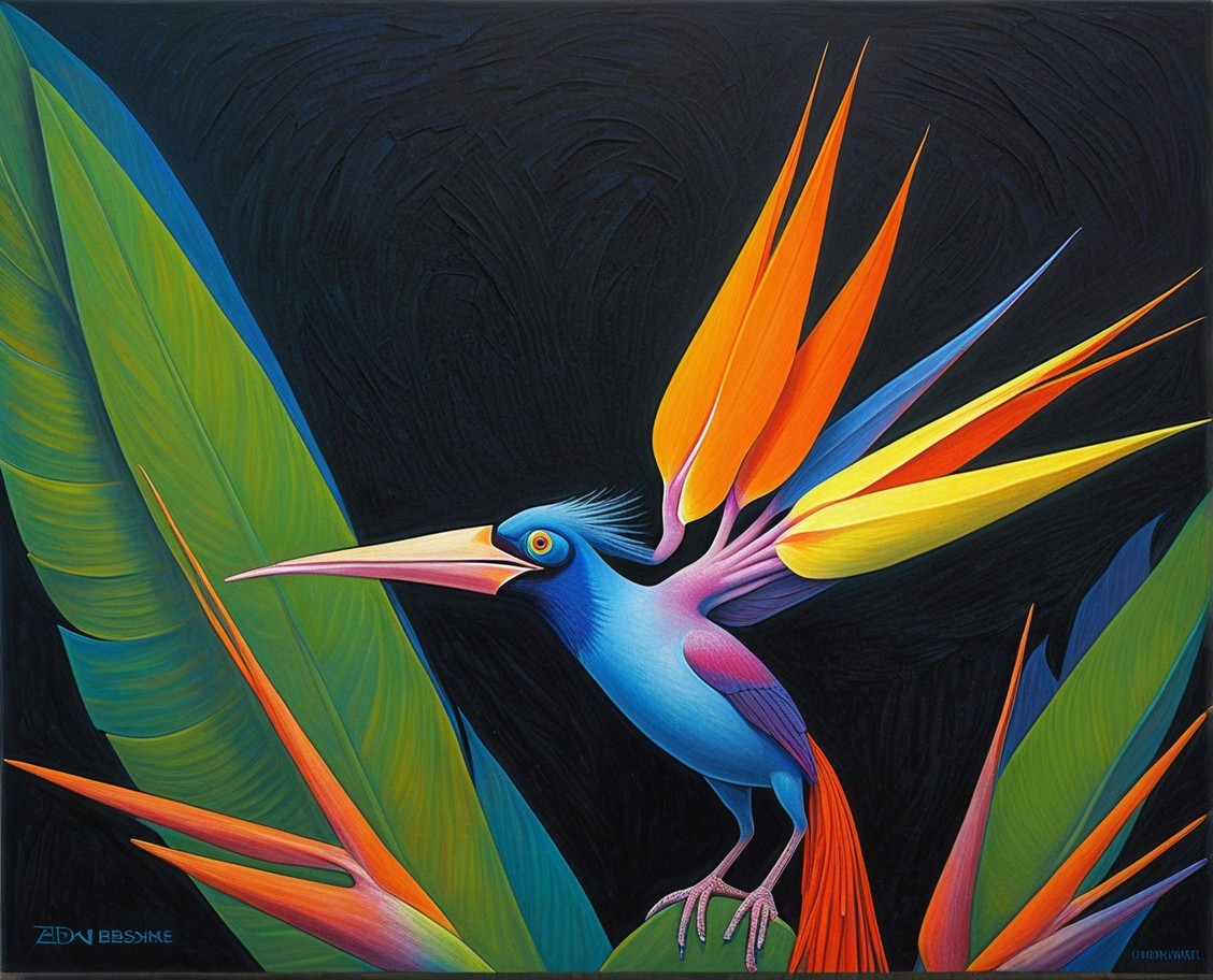 Surreal Artwork of a Colorful Bird Among Tropical Leaves