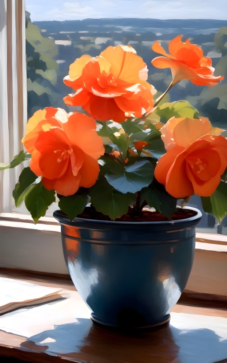 Vibrant Orange Begonia Flowers on a Windowsill
