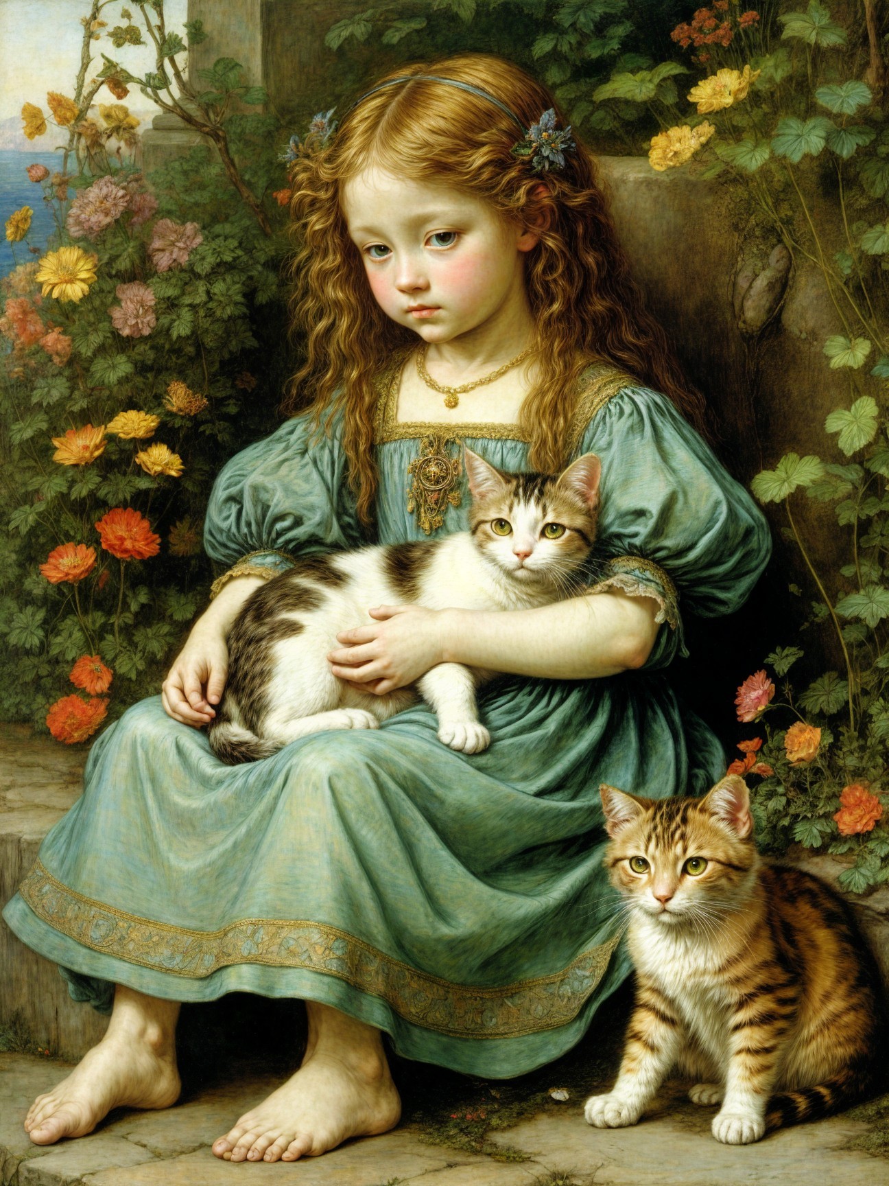 Young girl with cats in a vibrant garden setting