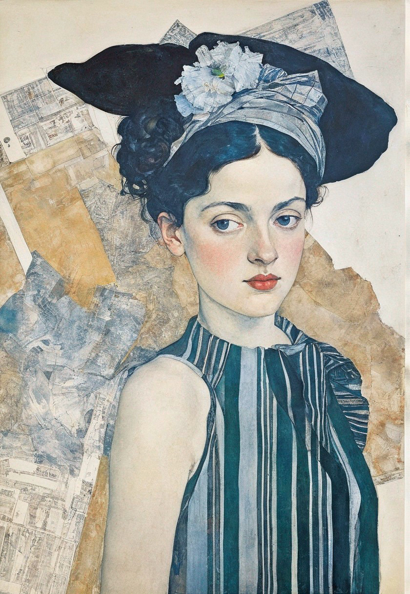 Portrait of a Young Woman in a Striped Dress