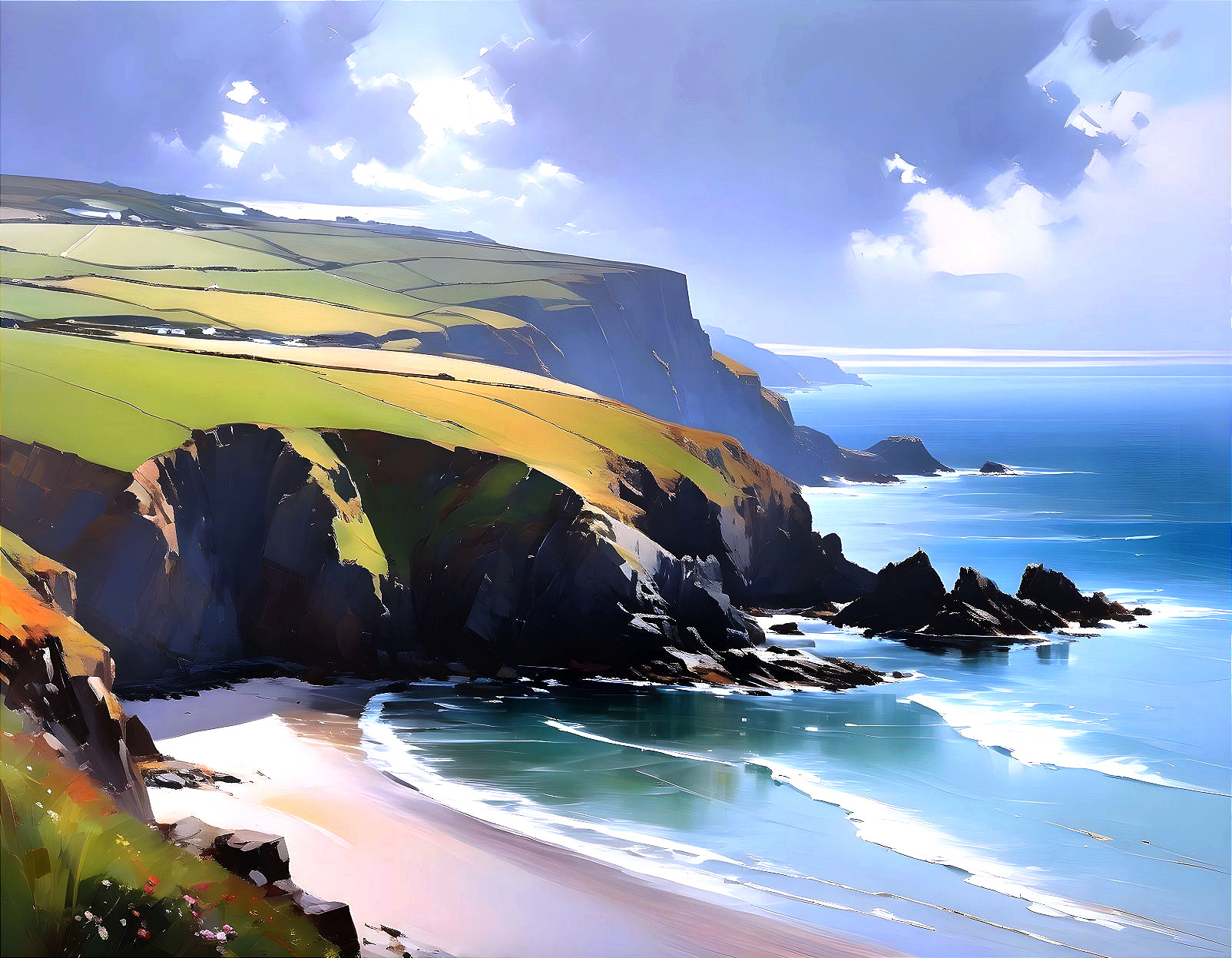 Coastal Landscape with Cliffs, Hills, and Turquoise Sea