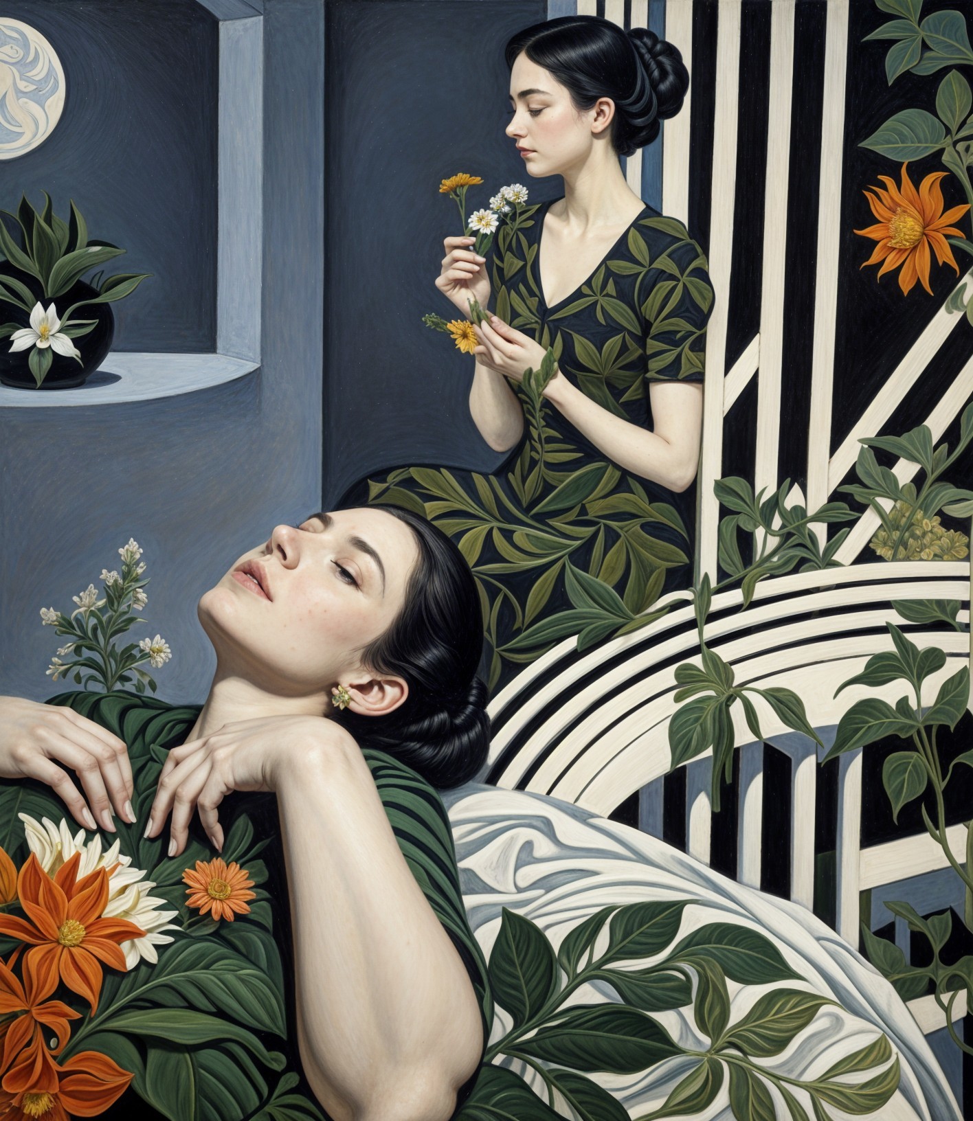 Serene Artwork of Two Women Among Lush Botanicals