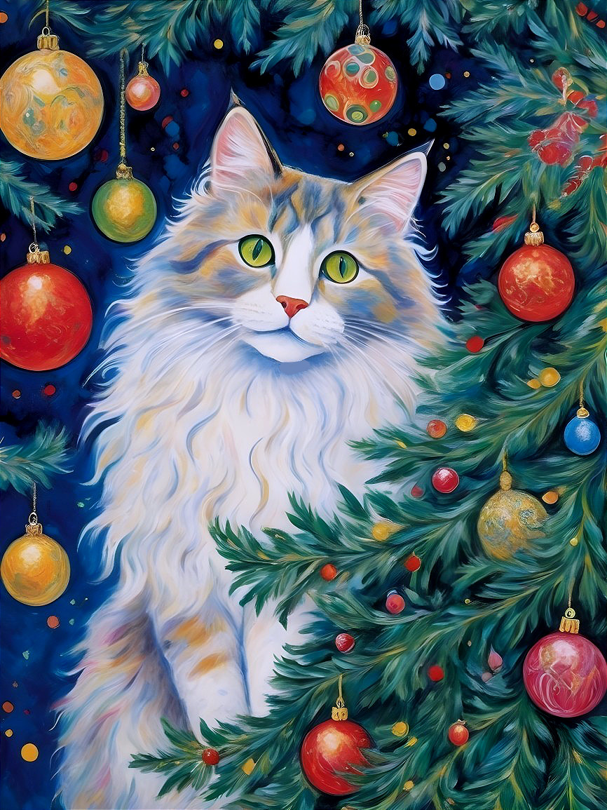 Fluffy Cat Behind Colorful Christmas Tree Decorations