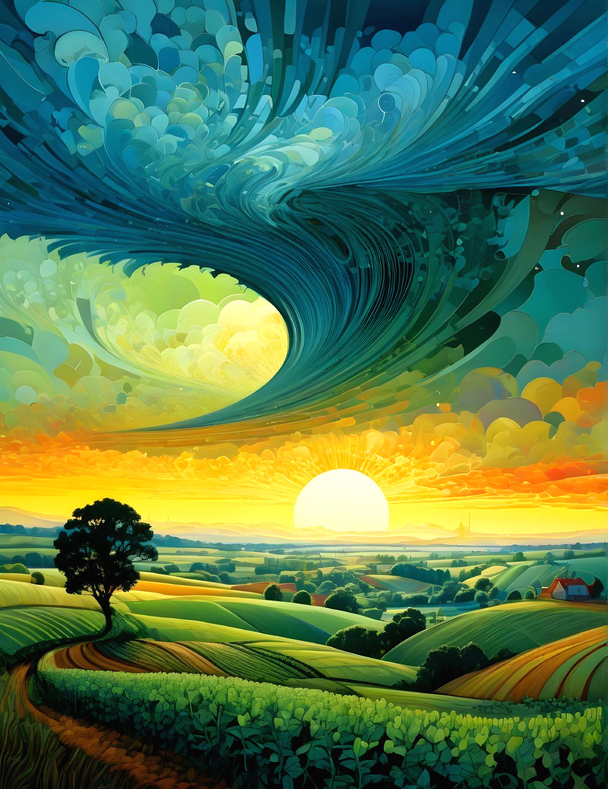 Vibrant Landscape with Sunset and Abstract Sky